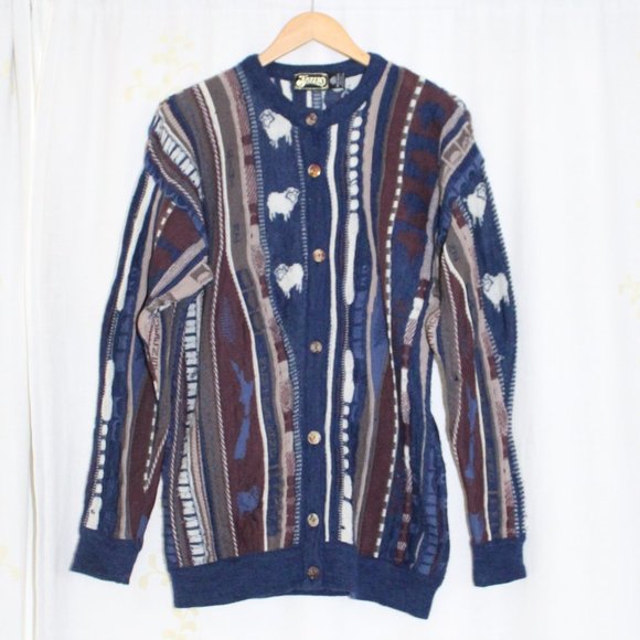 Vintage Jazzbo Coogi Wool New Zealand Sheep Kiwi Button Cardigan Sweater Men's L - Picture 1 of 16
